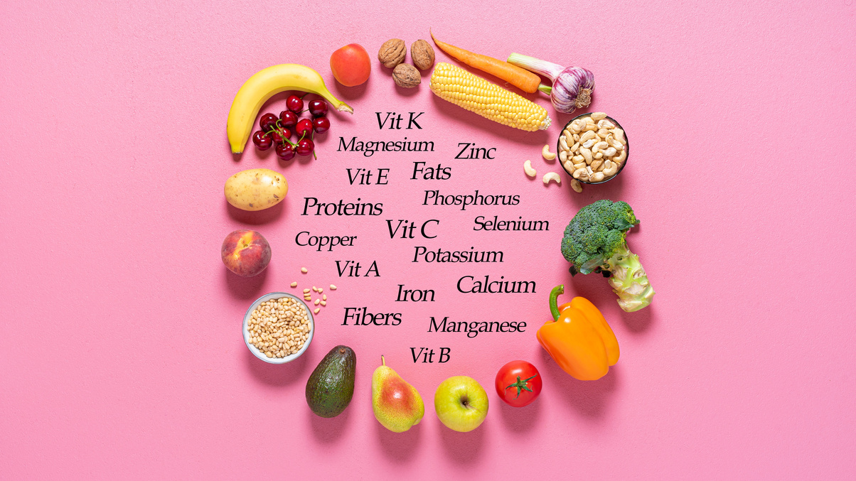 Vegetables and fruits nutrition facts. Eating vegan concept